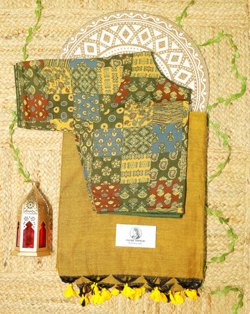 MANJAL COMBO (KHRBNN26) - Premium Khadi Cotton Saree with Stitched Blouse