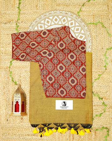 MANJAL COMBO (KHRBNN27) - Premium Khadi Cotton Saree with Stitched Blouse